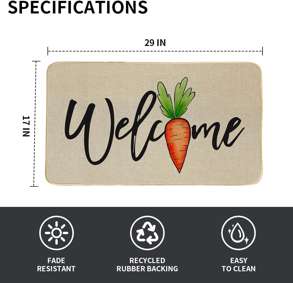 Decorhua Easter carrot doormat 17x29; slim size fits entryways.