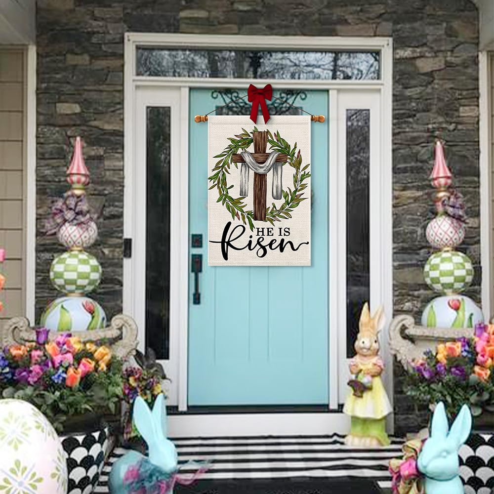 Decorhua He Is Risen Easter flag cross wreath front view for durable outdoor decor