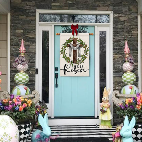 Decorhua He Is Risen Easter flag cross wreath front view for durable outdoor decor