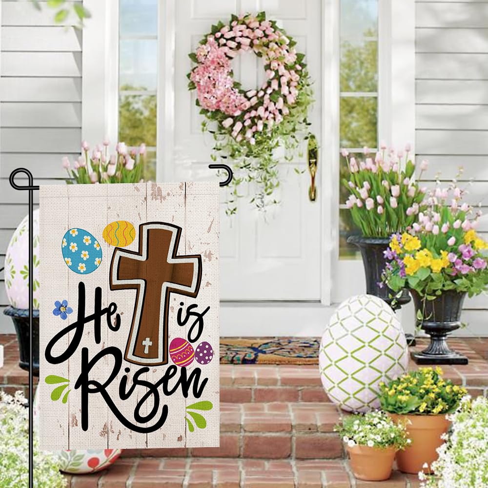 Decorhua Easter flag on burlap-style material with egg and cross motif