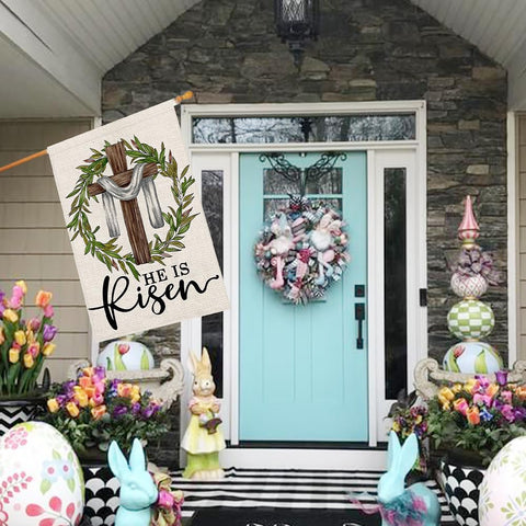 Decorhua He Is Risen Easter flag hanging on porch for welcoming yard décor