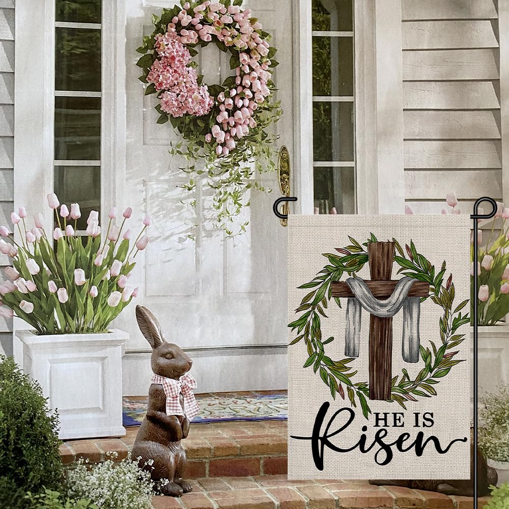 Decorhua Easter garden flag with cross wreath design welcomes guests outdoors