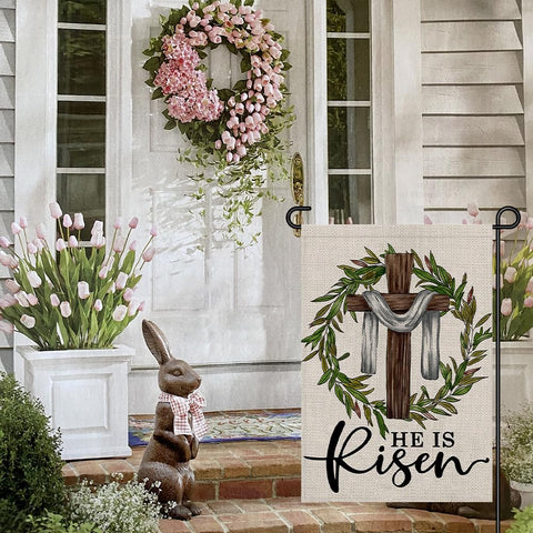 Decorhua Easter garden flag with cross wreath design welcomes guests outdoors