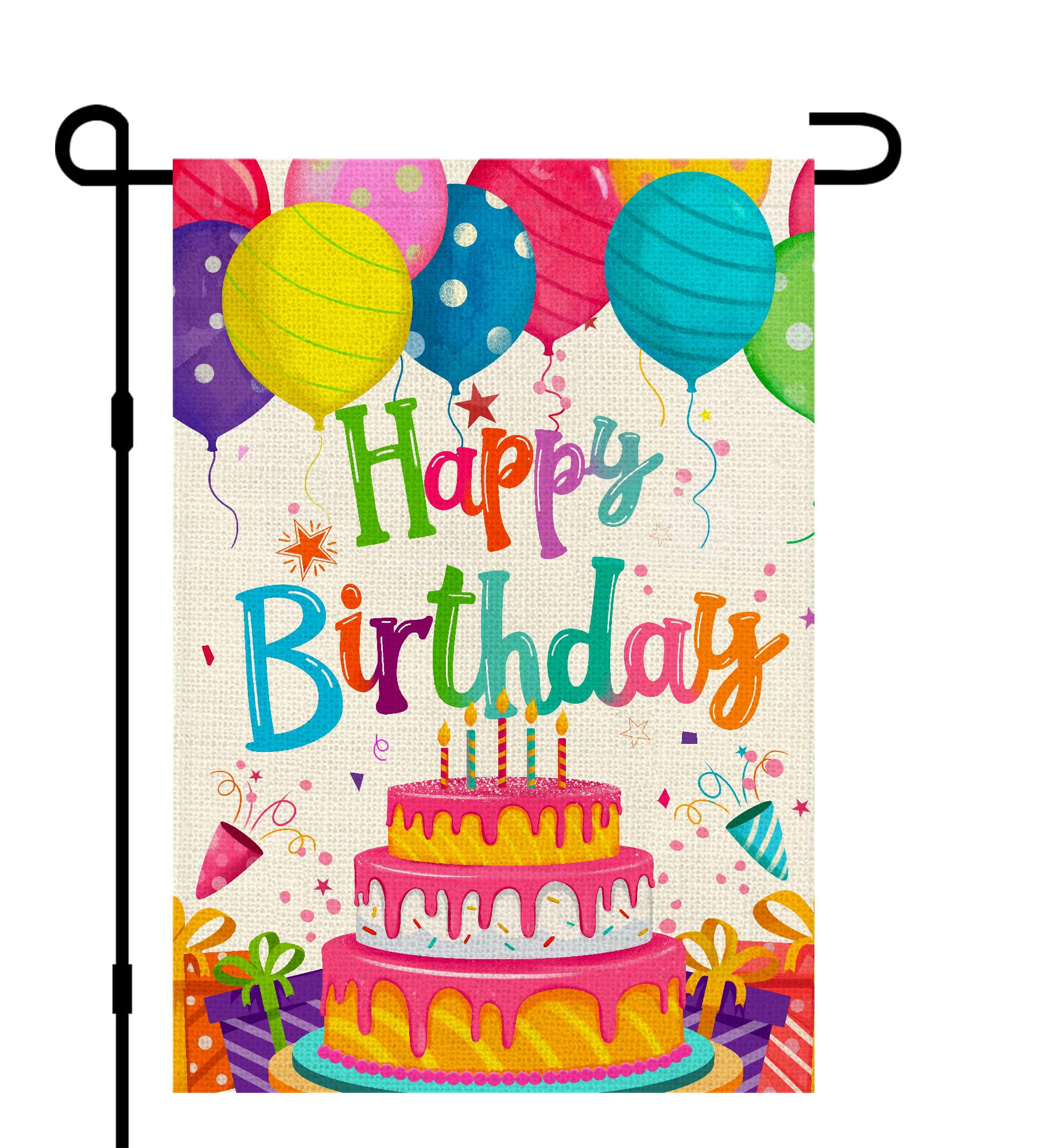 Decorhua Happy Birthday flag with balloon cake topper, outdoors.