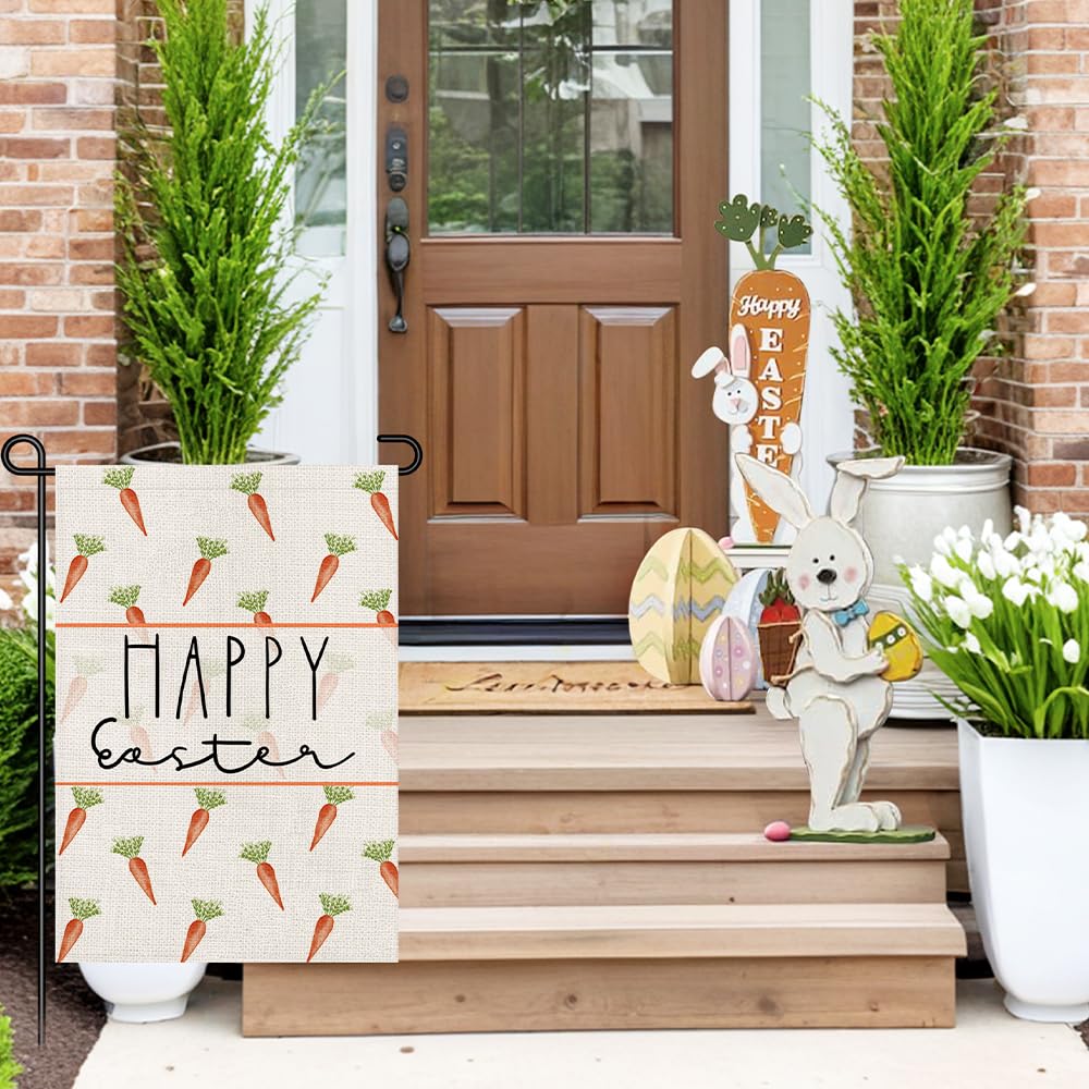 Decorhua Happy Easter Carrots flag back view with consistent print outdoors