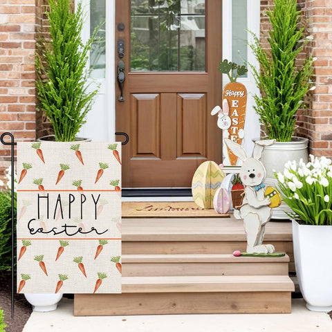 Decorhua Happy Easter Carrots flag back view with consistent print outdoors