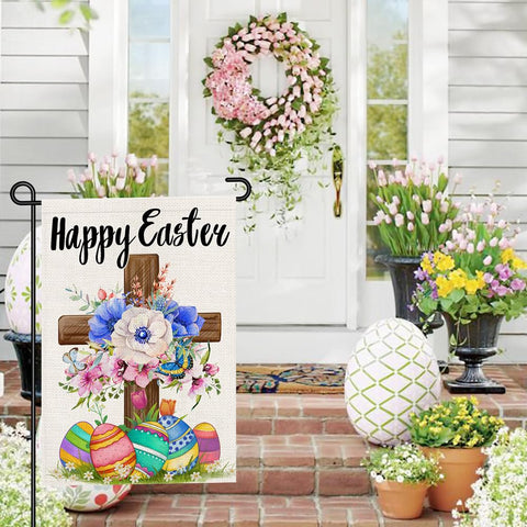 Decorhua Happy Easter Garden Flag back view with readable reverse design for yard display.