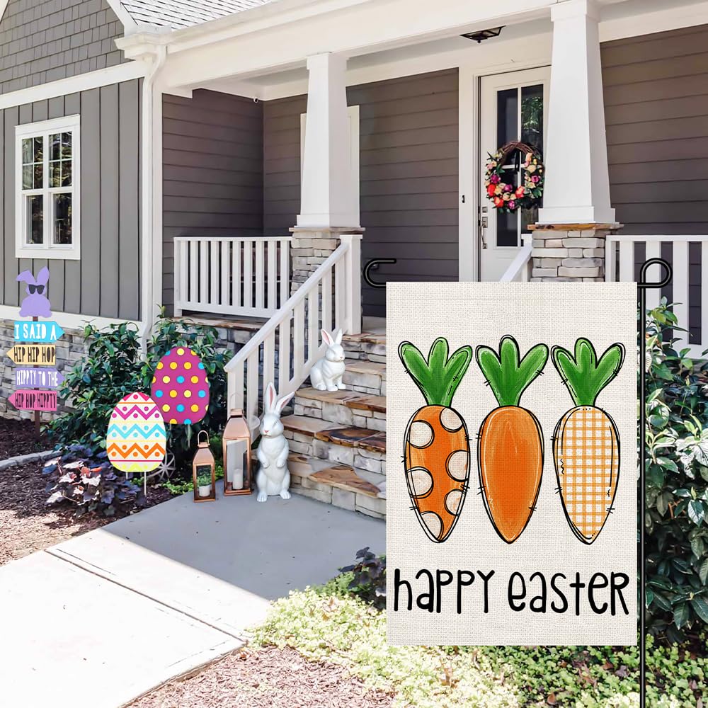Decorhua Happy Easter Garden Flag 12x18 burlap-look material adds rustic charm.
