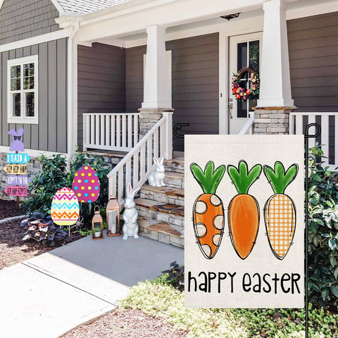 Decorhua Happy Easter Garden Flag 12x18 burlap-look material adds rustic charm.