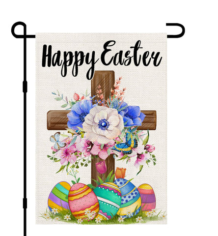 Decorhua Happy Easter Garden Flag front view with double-sided cross design for outdoor charm.