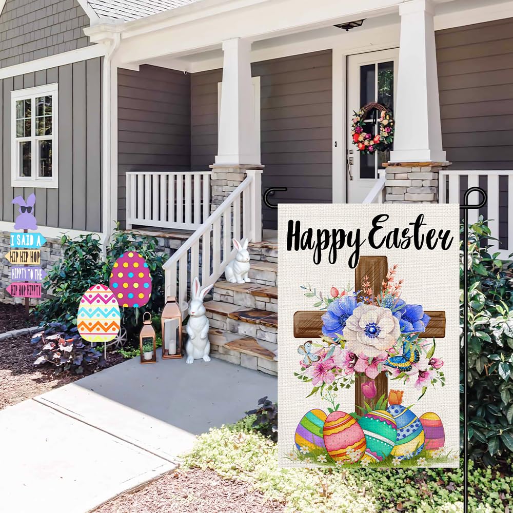 Decorhua Happy Easter Garden Flag material highlights burlap-look spun polyester’s weather resilience.