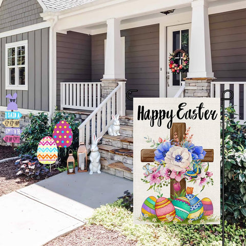 Decorhua Happy Easter Garden Flag material highlights burlap-look spun polyester’s weather resilience.