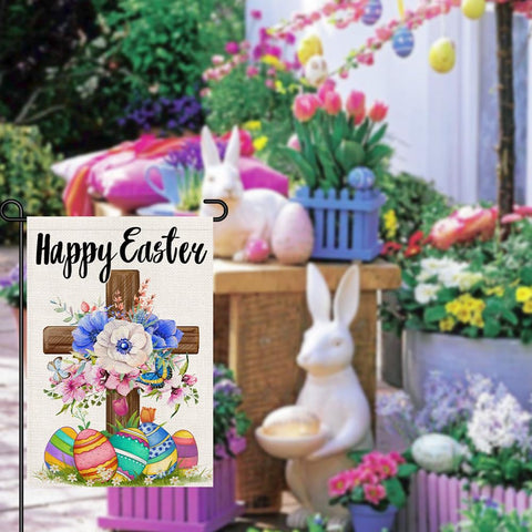Decorhua Happy Easter Garden Flag sleeve hanger fits standard stands for easy setup.