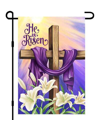 Decorhua He is Risen Easter flag, double-sided design for outdoor garden display.