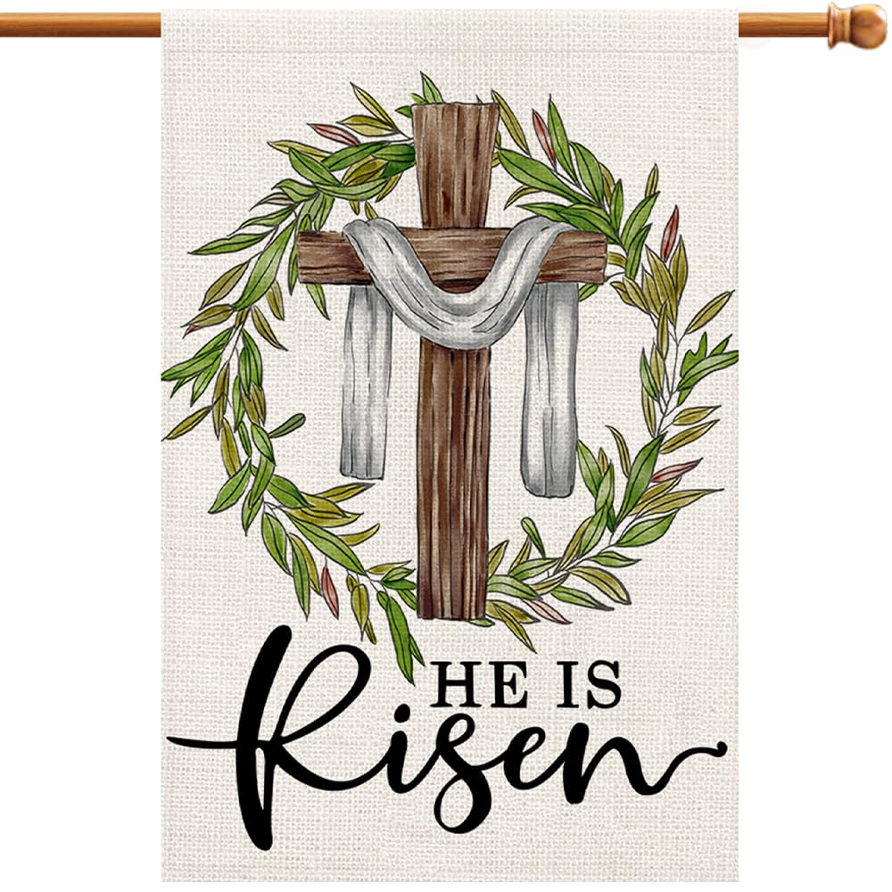 Decorhua He Is Risen Easter flag front view showing burlap texture and double-sided visibility