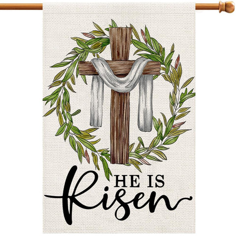 Decorhua He Is Risen Easter flag front view showing burlap texture and double-sided visibility