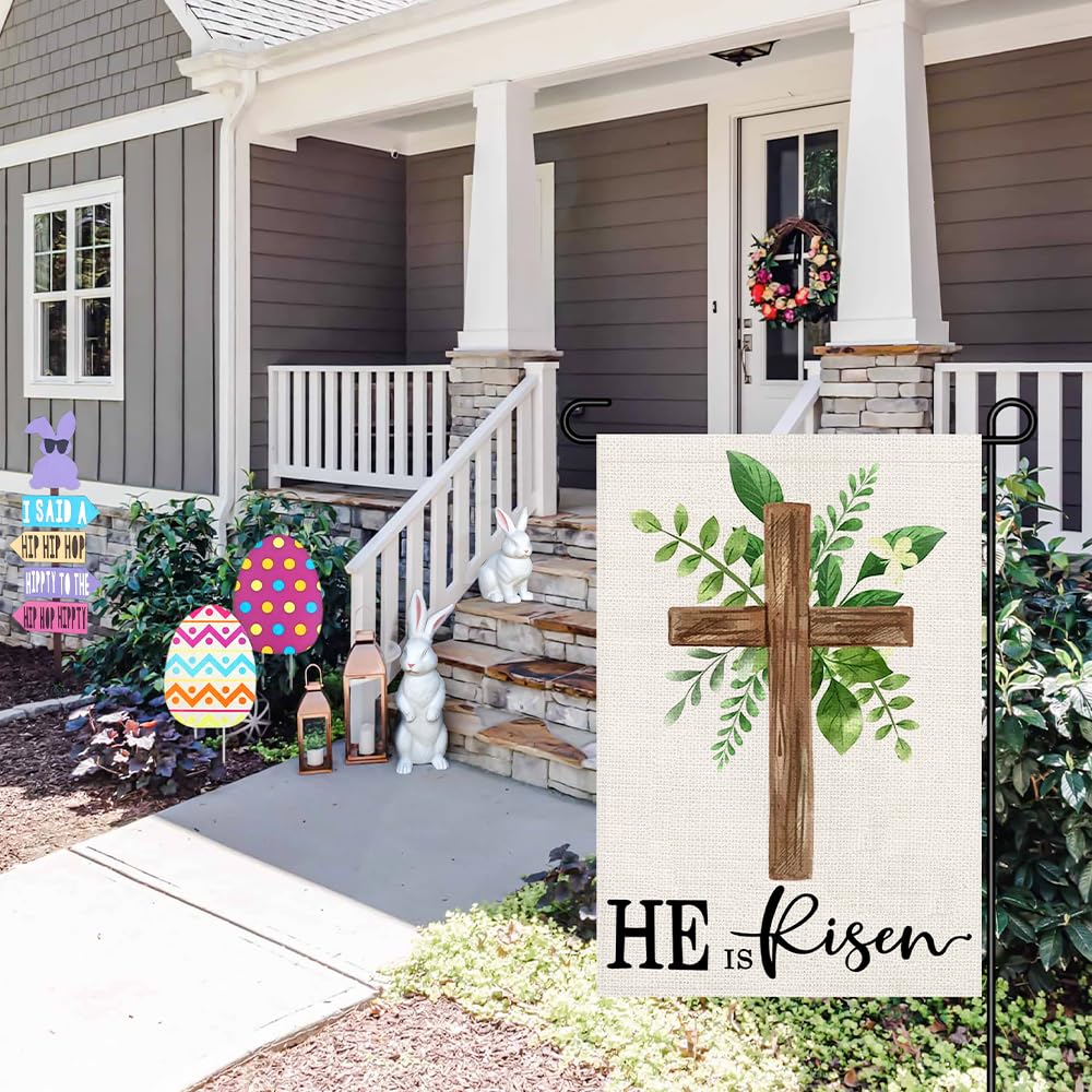 Decorhua He is Risen flag burlap-look material adds rustic outdoor charm