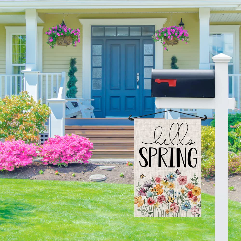 Decorhua Hello Spring flag on porch, durable outdoor decor.