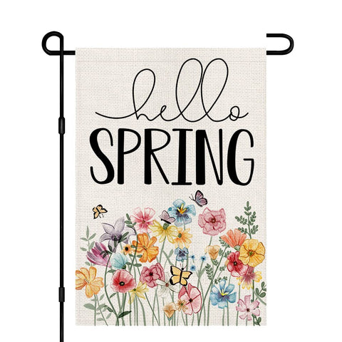 Decorhua Hello Spring floral flag, double-sided for outdoor display.