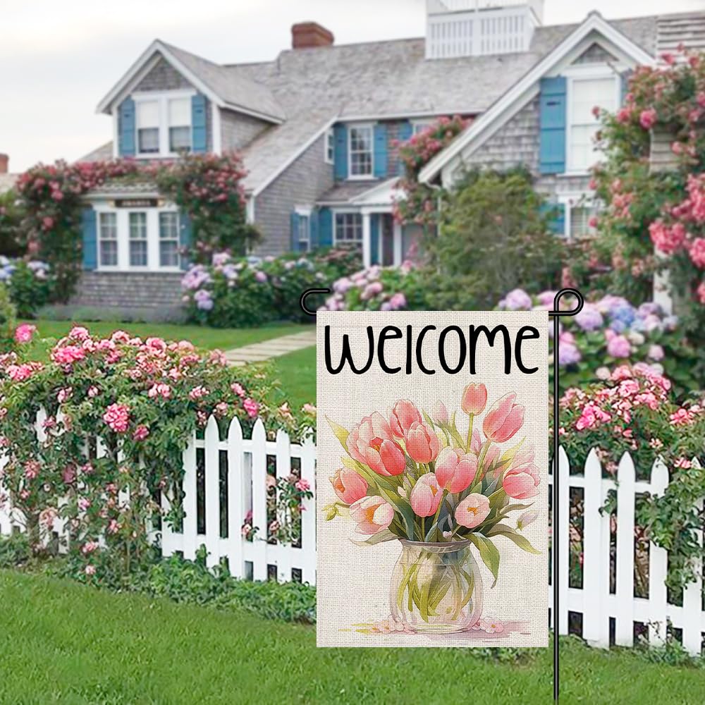 Decorhua pink tulips garden flag ideal for patios, porches, and decks