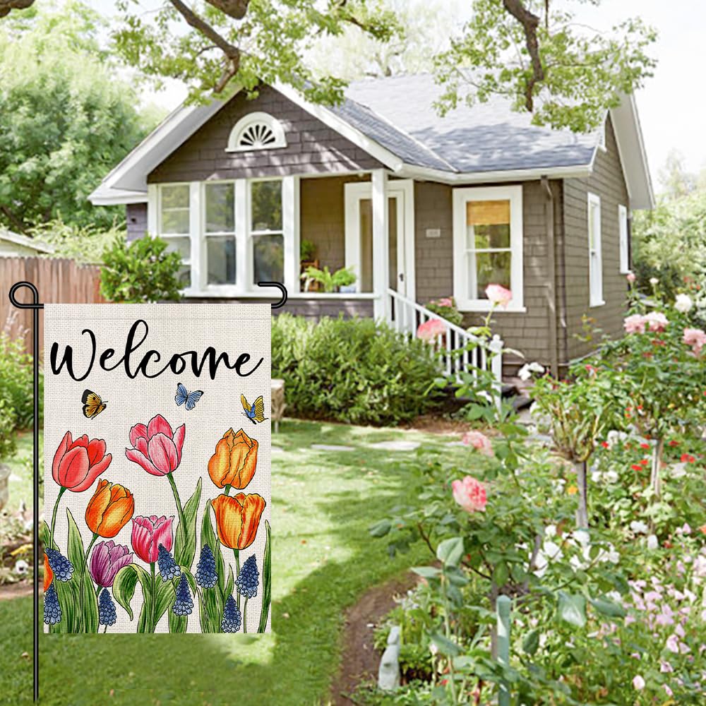 Decorhua spring flower pattern flag adds cheerful focal point to garden.