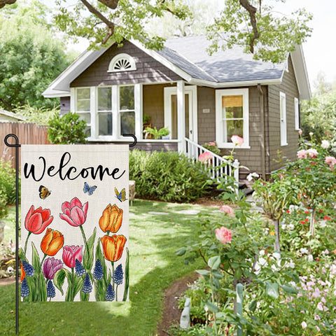 Decorhua spring flower pattern flag adds cheerful focal point to garden.