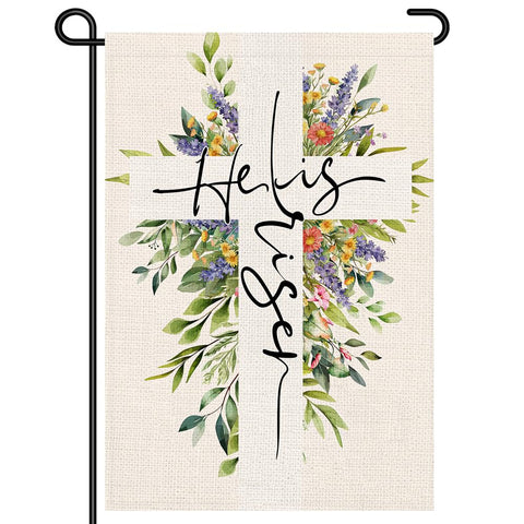 Decorhua spring garden flag with He Is Risen cross floral, double-sided visibility for outdoor display.