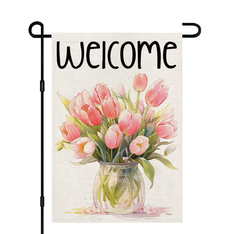 Decorhua spring welcome flag with pink tulips adds curb appeal to your outdoor space