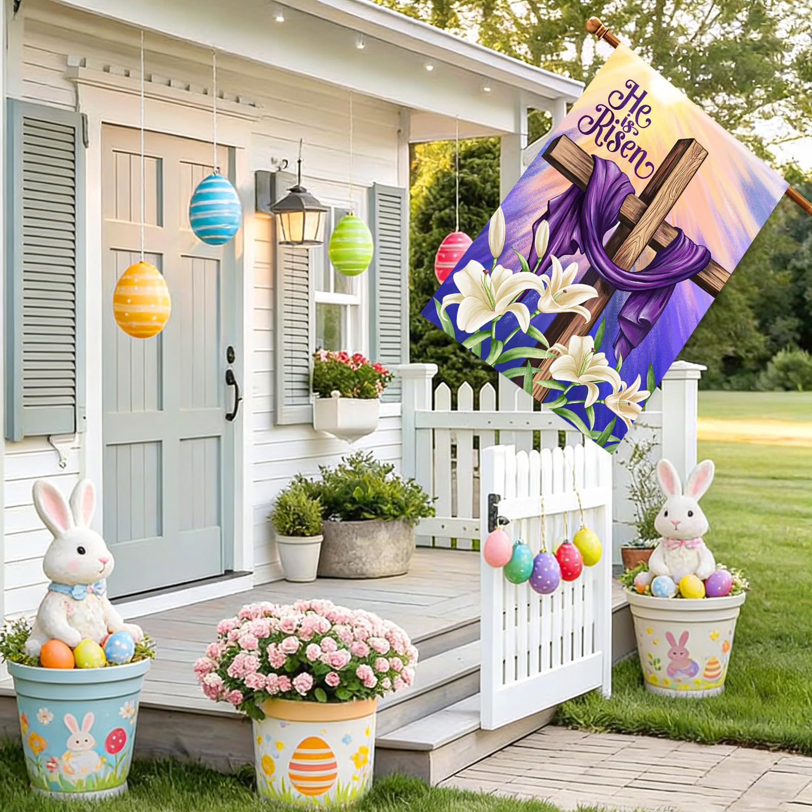 Decorhua weather-resistant Easter flag stands up to sun and rain.