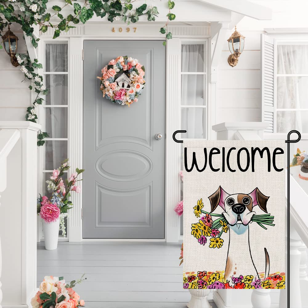 Decorhua Welcome Spring flag side view highlights burlap-like fabric and durability