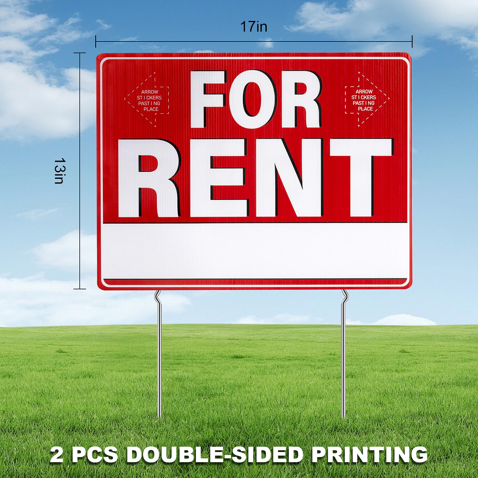 Decorniqu rent sign with 15-inch stakes installed, wind-resistant roadside display.