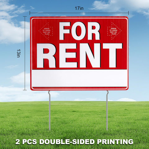Decorniqu rent sign with 15-inch stakes installed, wind-resistant roadside display.
