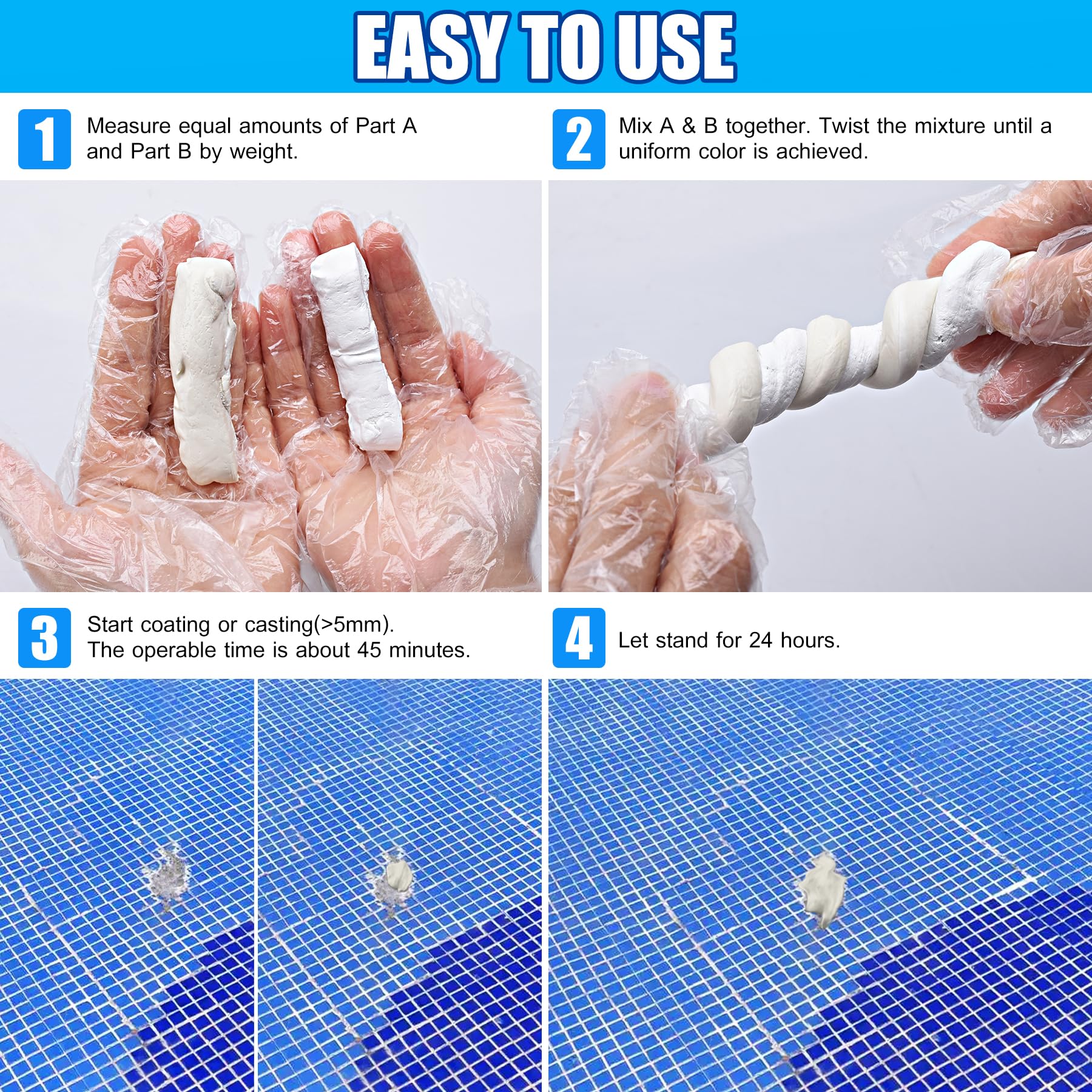 DecorRom pool putty curing to a durable, polishable finish on metal or stone.