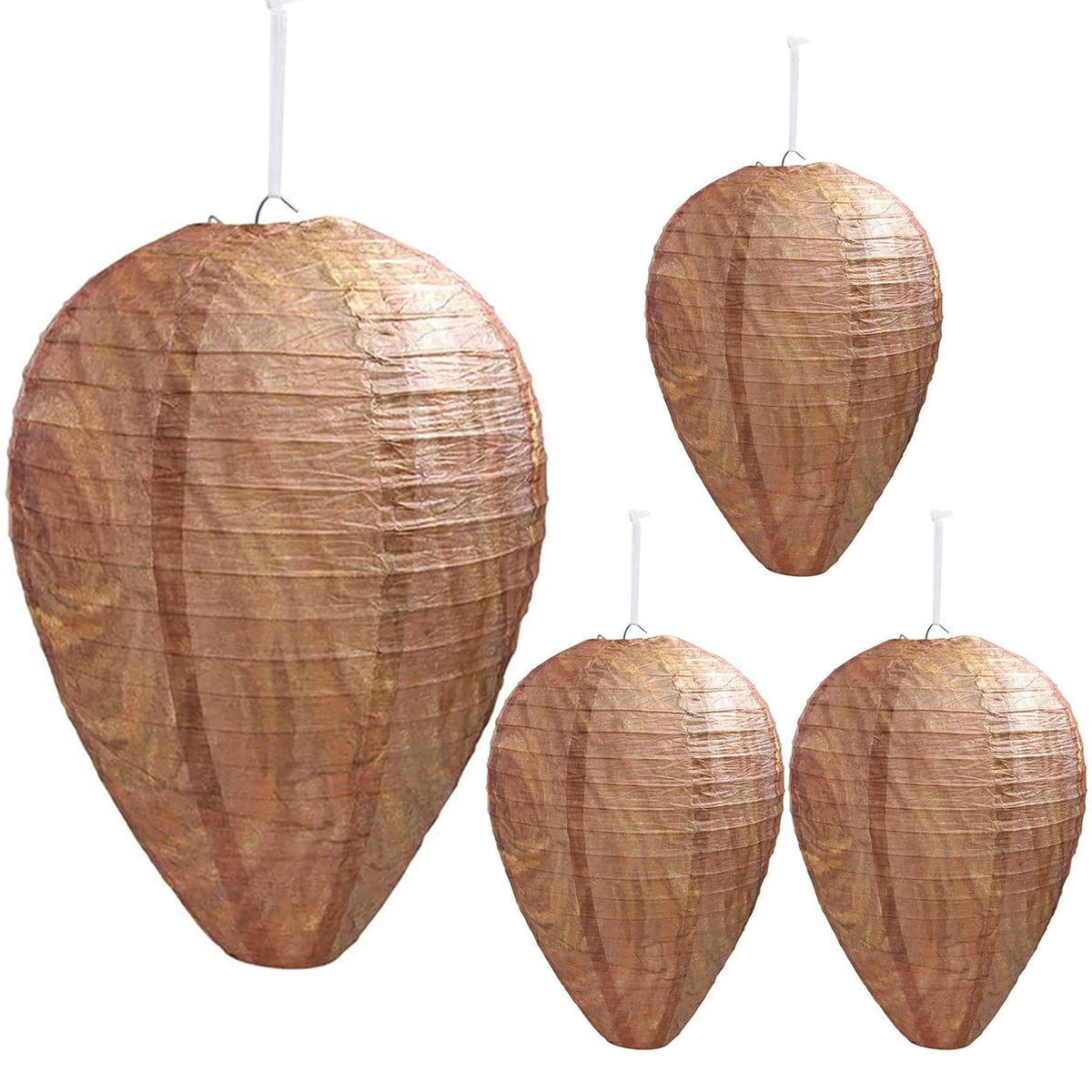 DECYOOL four-pack wasp nest decoy hanging to deter wasps around entryways.