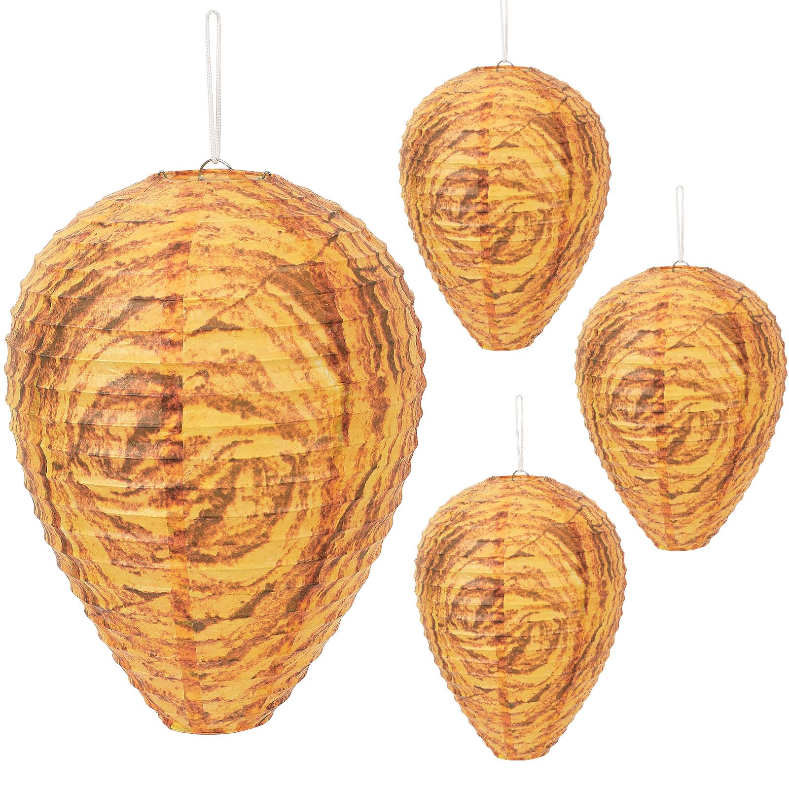 DECYOOL orange paper wasp nest decoy hanging on an eave to deter wasps