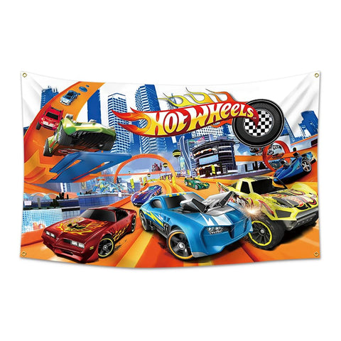 DecrPlus Hot Cars Banner side view, ideal outdoor birthday decor.