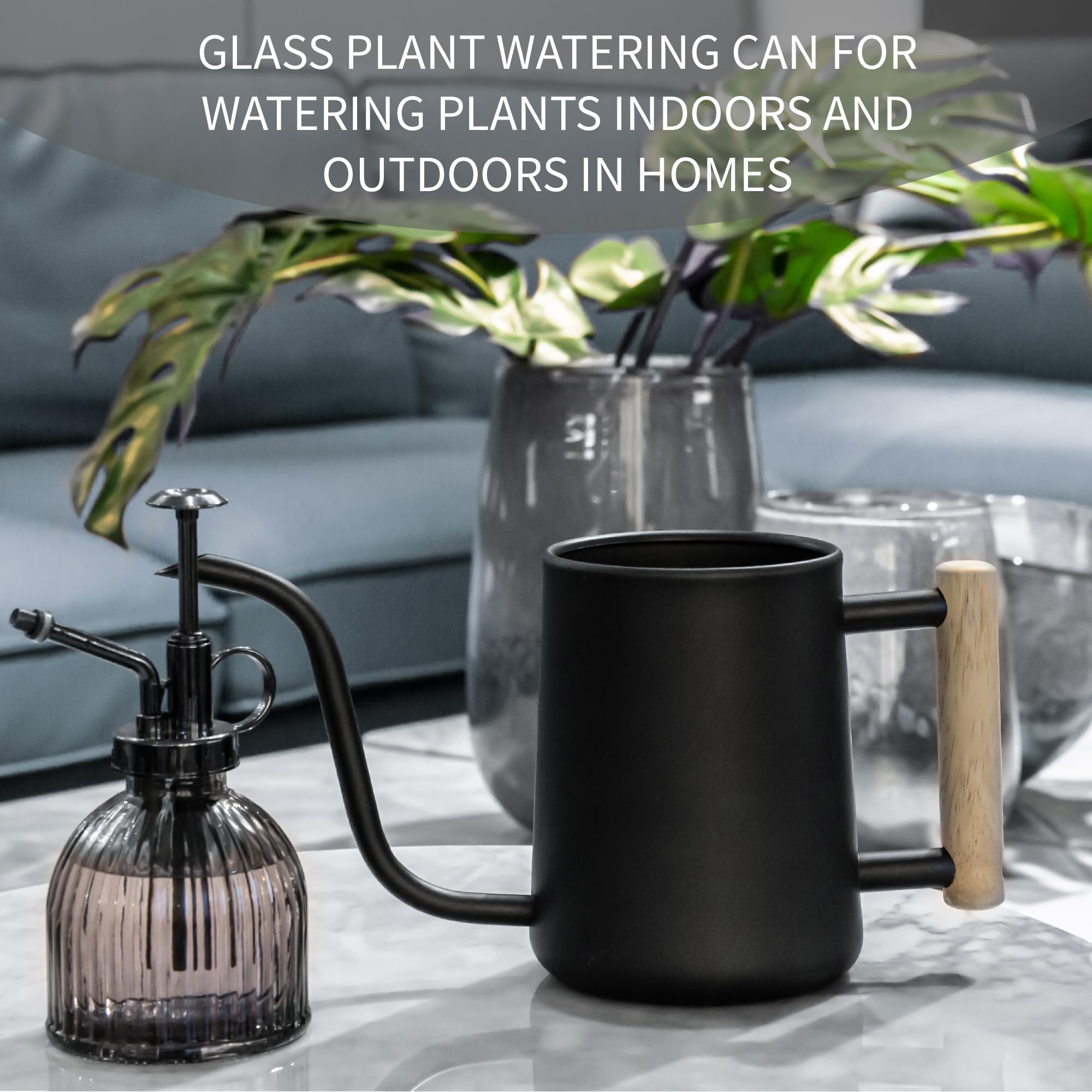 Included vintage glass spray bottle for leaf misting