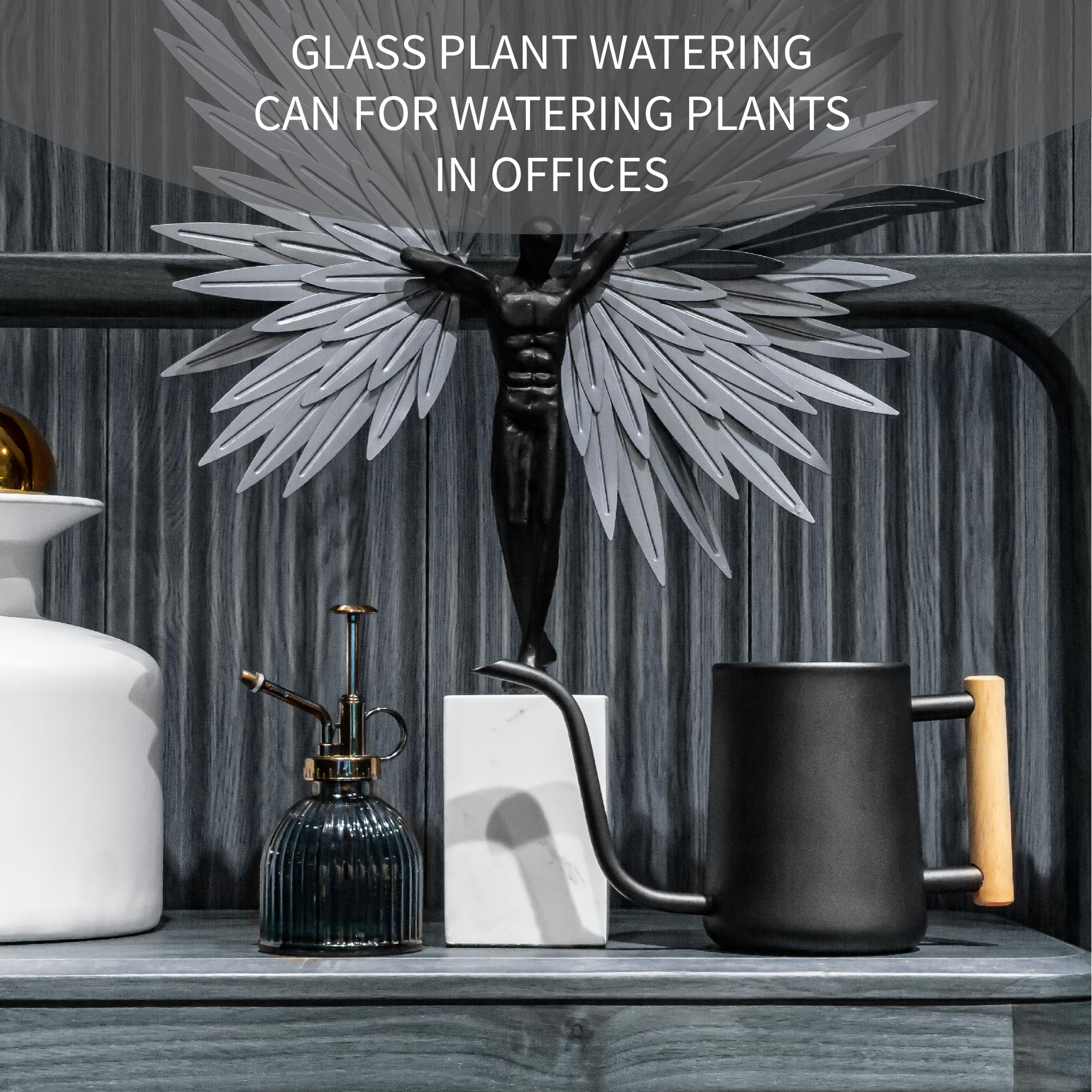Long spout design prevents spills while watering indoor plants