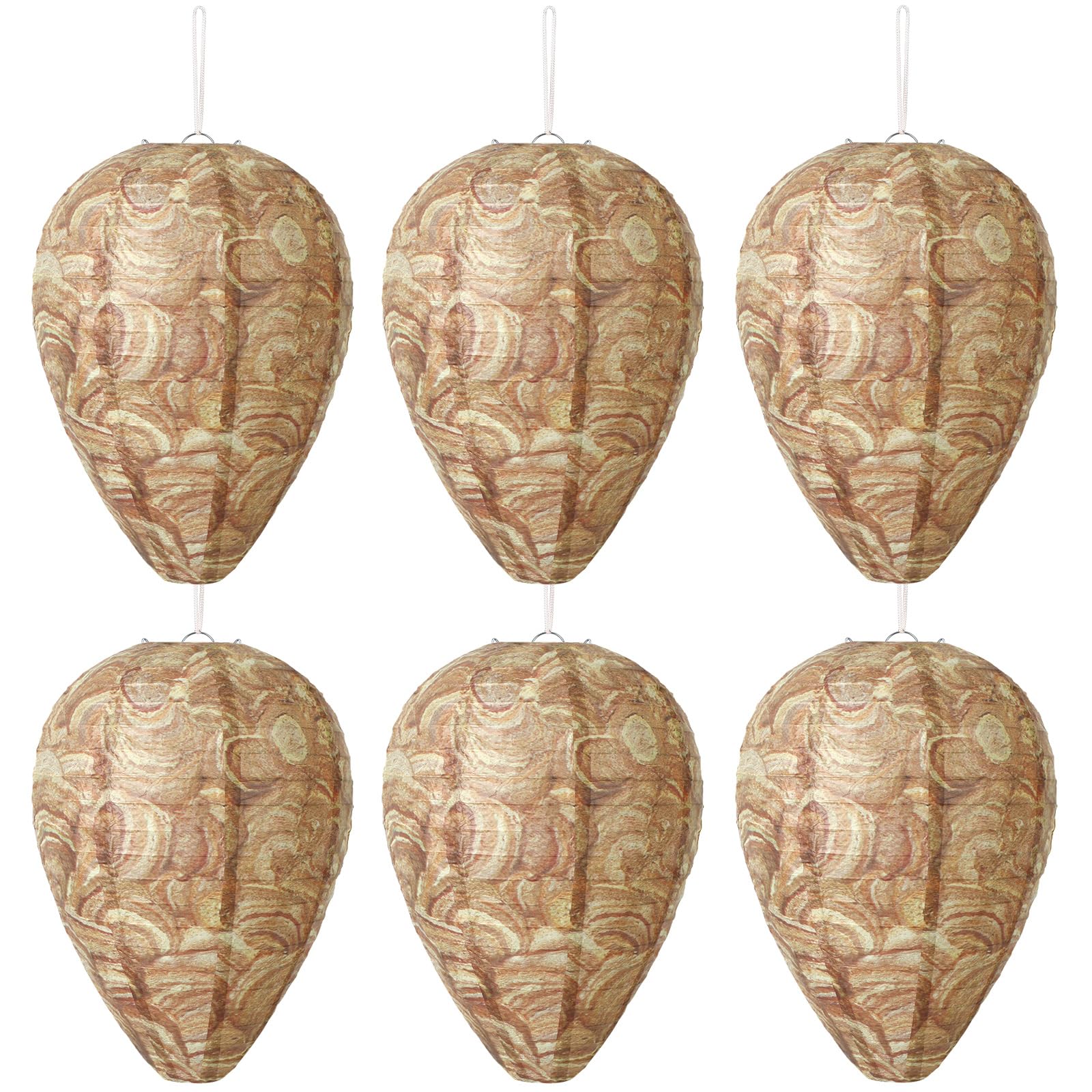DECYOOL 6 pack brown paper wasp nest decoy deters wasps from outdoor spaces.