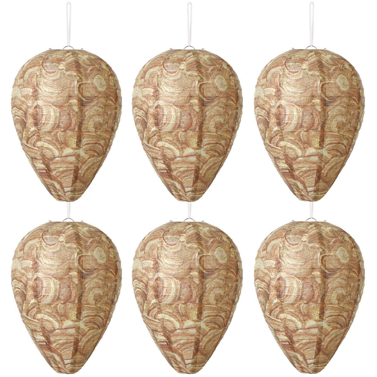 DECYOOL 6 pack brown paper wasp nest decoy deters wasps from outdoor spaces.