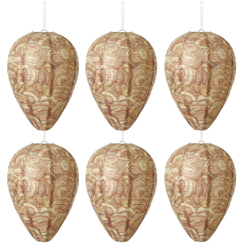 DECYOOL 6 pack brown paper wasp nest decoy deters wasps from outdoor spaces.