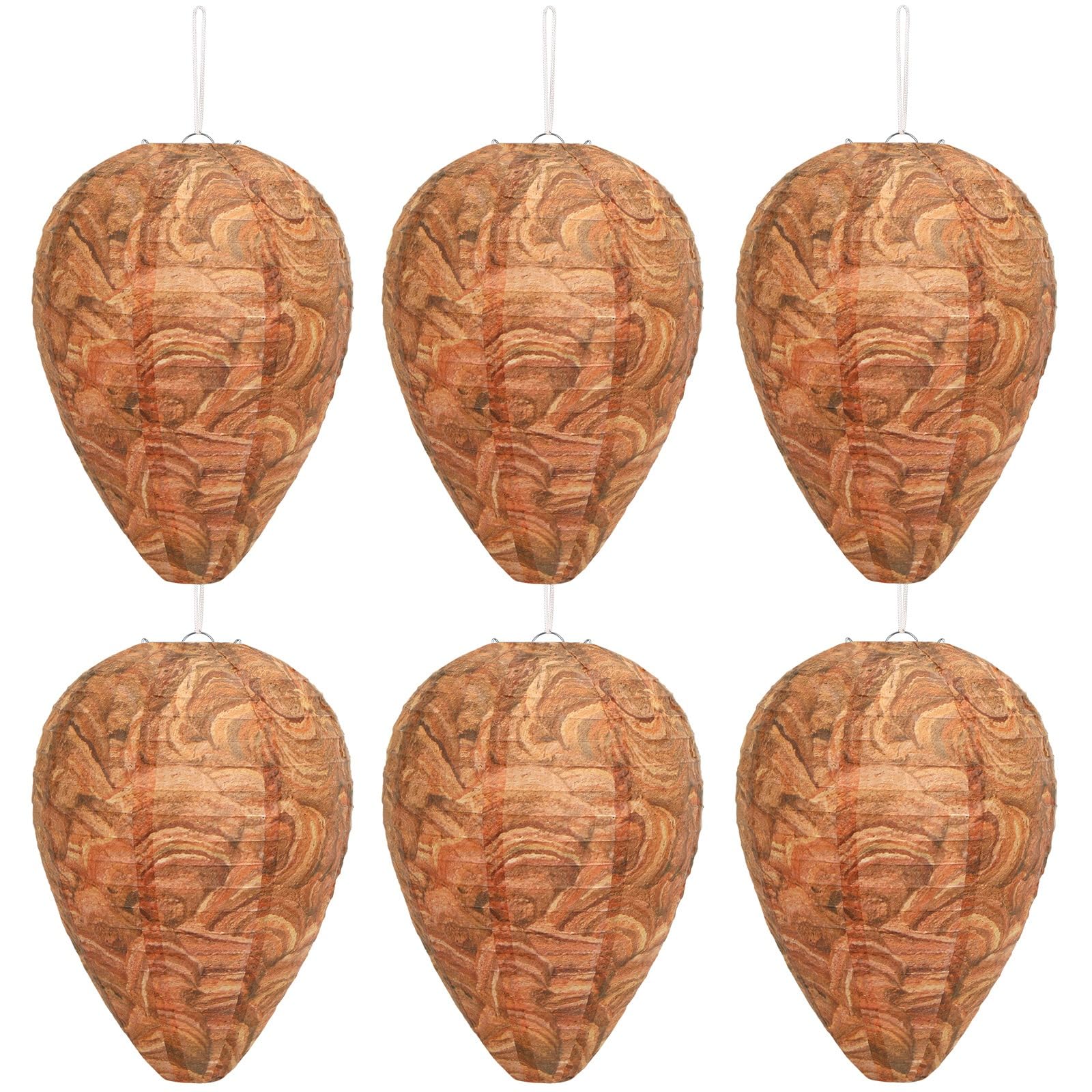DECYOOL 6-pack paper wasp nest decoy hanging from eaves to deter wasps.