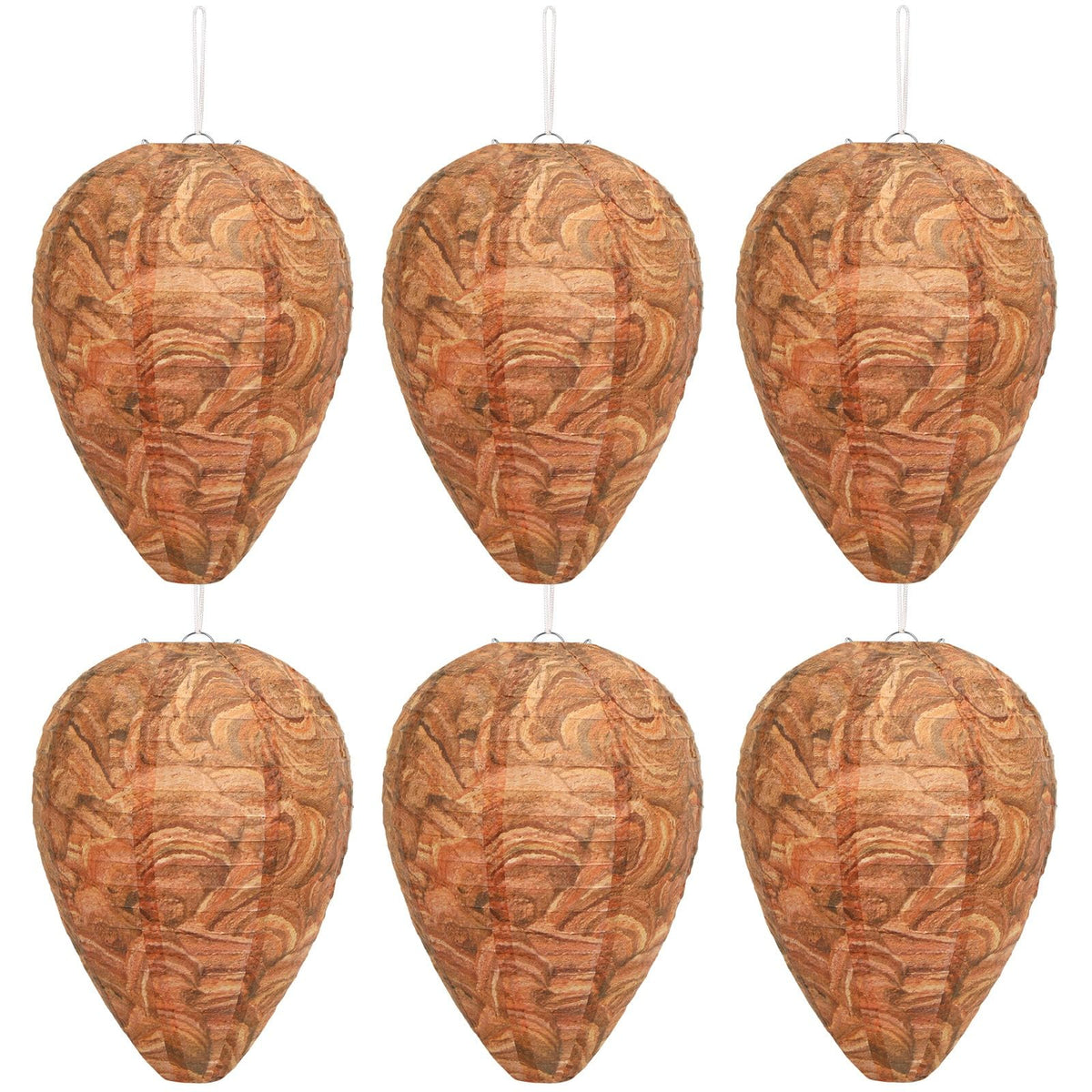 DECYOOL 6-pack paper wasp nest decoy hanging from eaves to deter wasps.