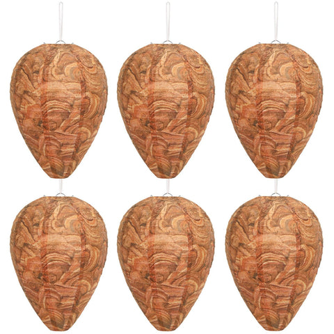 DECYOOL 6-pack paper wasp nest decoy hanging from eaves to deter wasps.