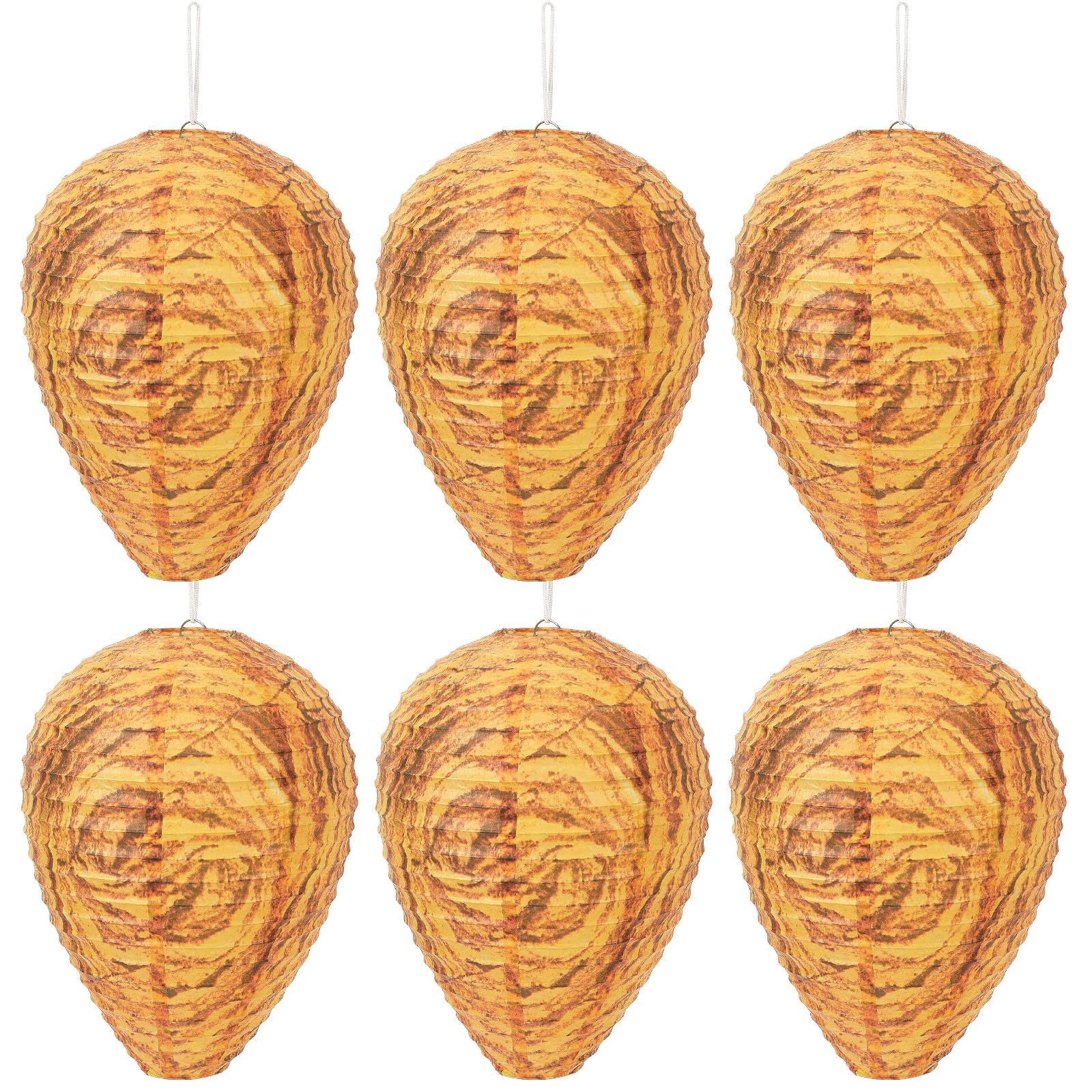 DECYOOL 6-pack orange wasp nest decoy hanging to deter wasps from outdoor spaces.
