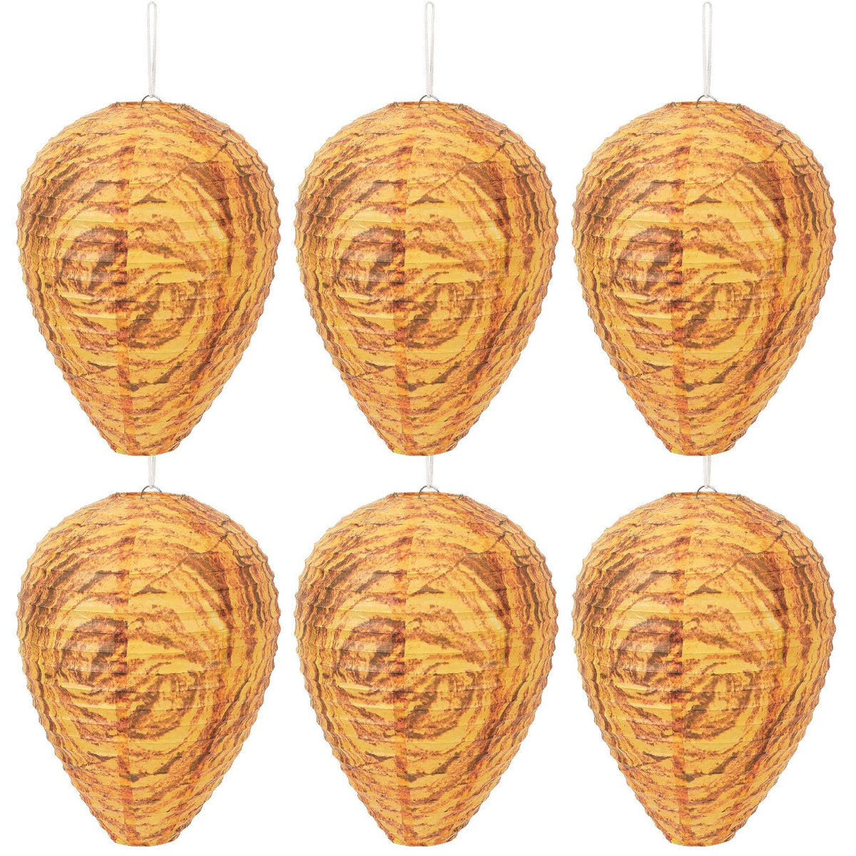 DECYOOL 6-pack orange wasp nest decoy hanging to deter wasps from outdoor spaces.