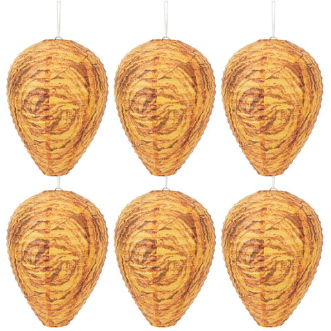 DECYOOL 6-pack orange wasp nest decoy hanging to deter wasps from outdoor spaces.