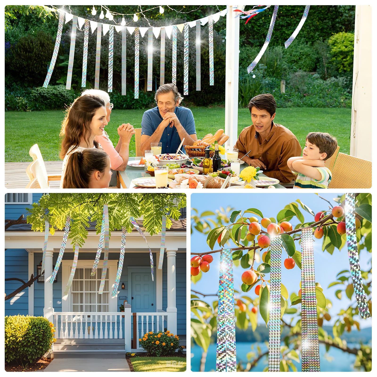 DECYOOL bird scare tape installs easily on trees, fences, and vines.