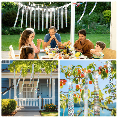 DECYOOL bird scare tape installs easily on trees, fences, and vines.