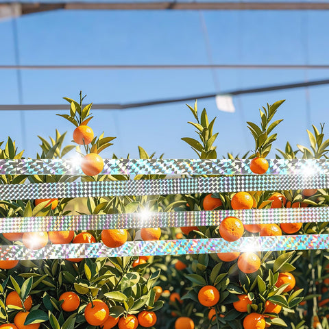 DECYOOL bird scare tape reflects sunlight to guide birds away from crops.